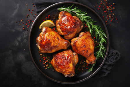 Top view of spicy roasted chicken legs on a plate with a dark backgroundの素材