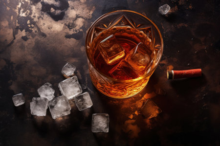 Top view of a whiskey on the rocks and a cigar with empty area for textの素材