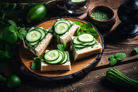 Traditional English cucumber sandwiches and ingredients arranged on a wooden surface in a flat lay cの素材