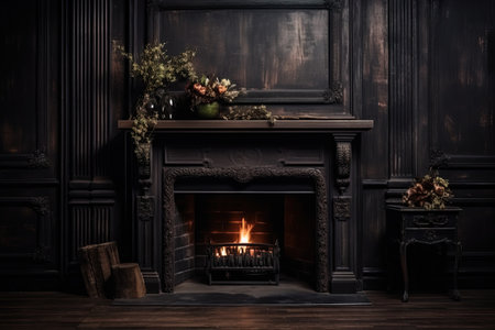 Vintage style dark fireplace in an old houseの素材