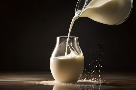 Transferring milk from bottle to milky pool with top lighting and reflection Neutral toned backgrounの素材