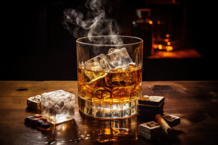 Whiskey glass with cigar and ice on tableの素材