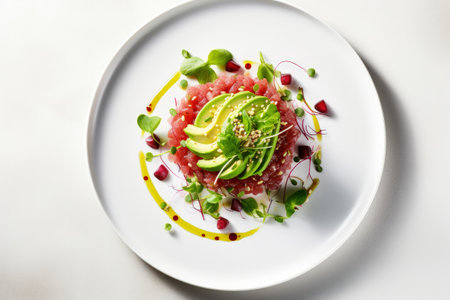 Tuna tartare on ceramic plate with salad lime avocado and mustard sauce Fine dining restaurant appetの素材