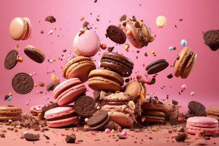 Various pastries fall in motion on pink background with sprinkling and pieces with crumbsの素材