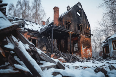 Vertical low angle photo of a burnt building covered in snow showcasing charred wooden walls and a rの素材