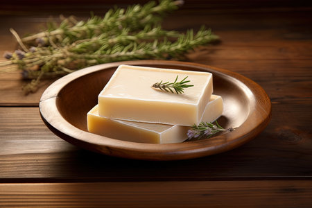 Wooden background with soap on a dishの素材