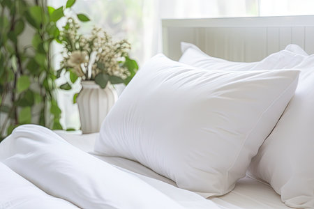 White pillow on bed in bedroom closeupの素材