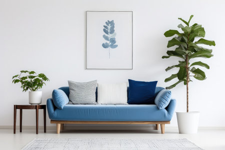 White apartment with blue furnishings and greeneryの素材