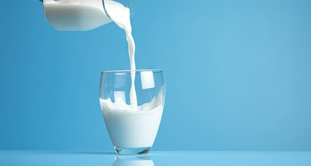 Woman pouring milk from bottle spilling on blue tableの素材