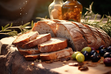 Italian organic oil cold pressed and slow poured onto organic bread embodying nature health and fresの素材