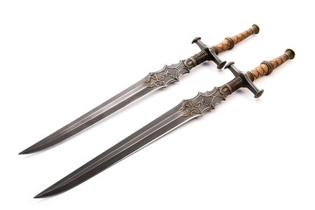Isolated white background with two ancient knight swords engraved gold hilts Horizontal position copの素材