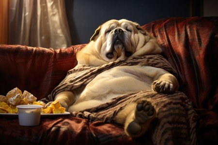 Lazy individual imitating a couch potato indulging in multiple snacks while glued to the TVの素材