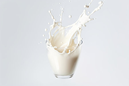 Milk splashes fly in the air isolated on white backgroundの素材