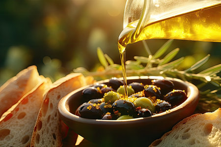 Natural and healthy concept of food Slow motion genuine Italian organic oil drizzles onto organic brの素材