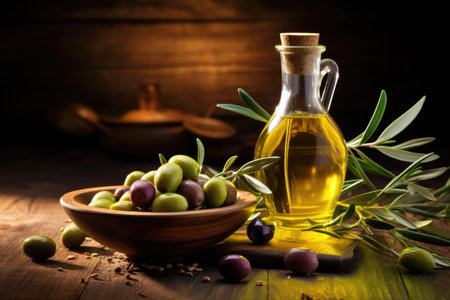 Olive oil and branch on tableの素材