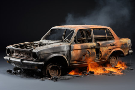 New car on a grey background burnedの素材