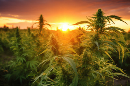 Outdoor cultivation of medical cannabis sativa during sunsetの素材
