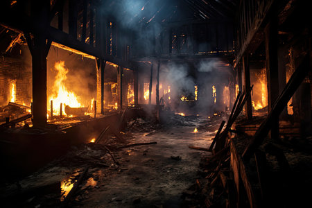 Renovate construction industry with an old scary burnt interior houseの素材