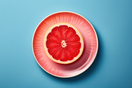 Red grapefruit slice on plate from aboveの素材