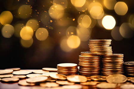 Preparing for the future by saving money and planning for loans with gold coins stacked over a stunnの素材