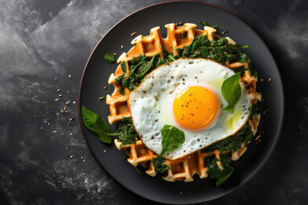 Savory breakfast of waffles spinach cheese and fried egg Top view with space to copyの素材