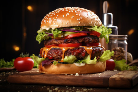 Tasty homemade burger on wooden surfaceの素材