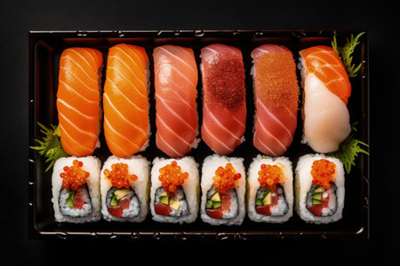 Top view of Japanese sushi set with sashimi and maki rolls on a plate isolated on whiteの素材