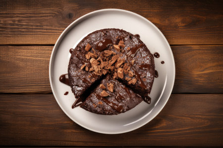 Top view of a wooden background with ganache topped chocolate brownie cakeの素材