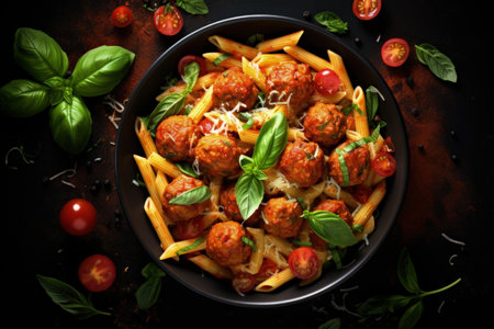Top down view of penne pasta meatballs vegetables and tomato sauce in a bowl flatlayの素材