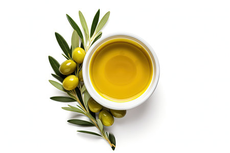 Top view of a bowl with fresh green olives and olive oil isolated on a white backgroundの素材