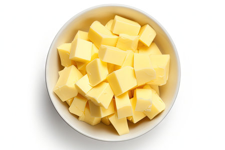 Top view of isolated butter pieces in a bowl on a white backgroundの素材