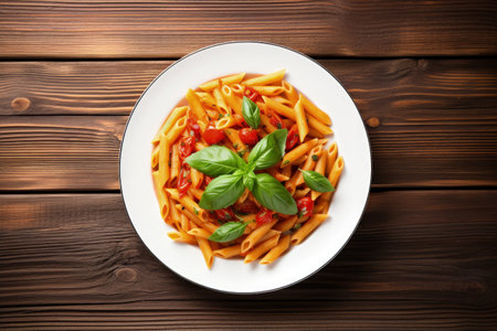 Top view of penne pasta with tomato sauce and grilled bell pepper on a white plate over a rustic wooの素材