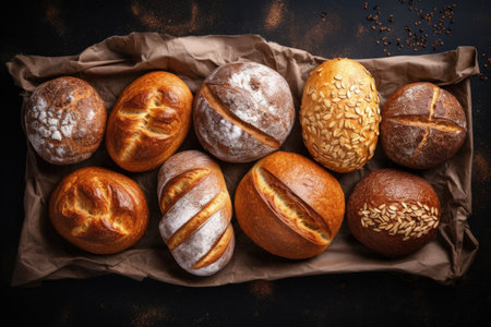 Top view photograph of rustic crusty bread and buns on black chalkboard background in a bakeryの素材