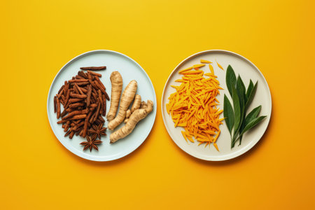 Turmeric roots and powder on white plates orange backdrop healthy diet curcuminの素材