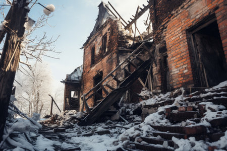 Vertical low angle photo of a burnt building covered in snow showcasing charred wooden walls and a rの素材