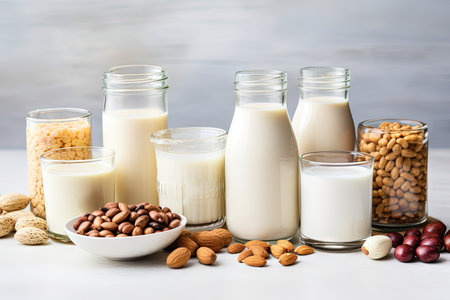 Various vegan milk alternatives dairy free substitutes and healthy ingredients for plant based drinkの素材