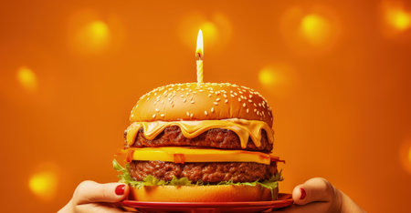 Woman holding large beef burger with candle for birthday celebration on yellow backdropの素材