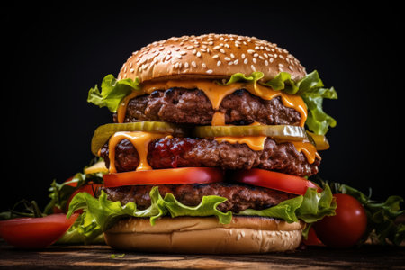 Yummy beef burgers topped with tomato cheese and lettuceの素材
