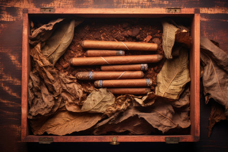 Vintage cigar manufacturing in a wooden humidor with handmade cigarsの素材