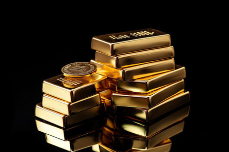 Investing in Swiss gold bars for business and finance stacked on a black backgroundの素材