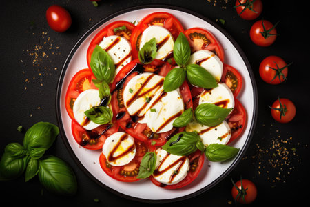 Italian caprese salad presented on a white square plate with tomatoes mozzarella and basil drizzledの素材