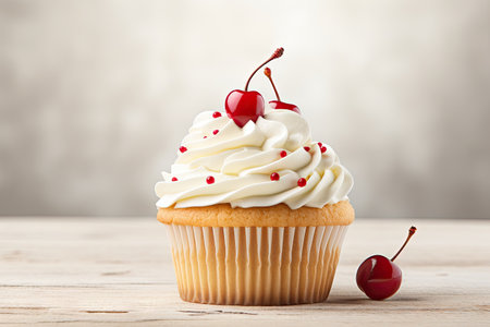 Isolated white cupcake with cream and cherryの素材