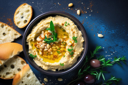 Mediterranean snack with homemade hummus olives herbs feta cheese and bread on blue plateの素材