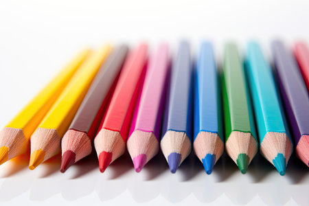 Loosely arranged colored pencils on white background not in exact rowsの素材