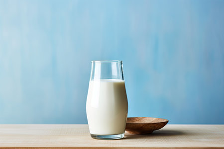 Milk glass and bottle on wooden table with light blue backdropの素材