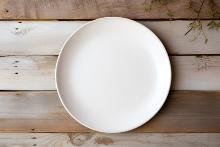 Minimalistic kitchen interior with a white vintage plate on a round cutting board placed on a whiteの素材