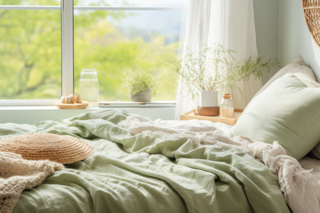Real photo of a woman s bright bedroom interior with a big comfortable bed adorned with pale sage grの素材