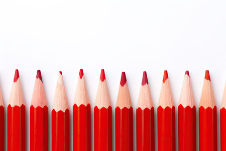 Red colored pencil on a white backdropの素材