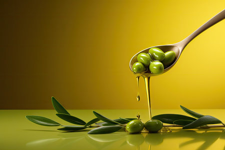 Olives and olive oil floating on a green backgroundの素材