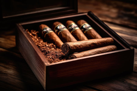 Photo of Cuban cigars in a wooden box with room for textの素材